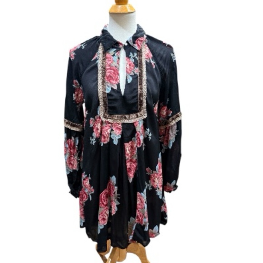 Uncle Frank Womens Tunic Mini Black Floral Long Sleeve Bohemian Dress S